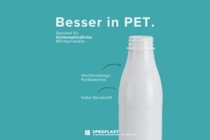 Die PET-Flasche EPROPJUICE von EPROPLAST als Verpackung für lichtempfindliche Milchprodukte.