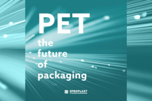 The slogan Pet, the future of packaging stands on a turquoise background with rays of light in the background.